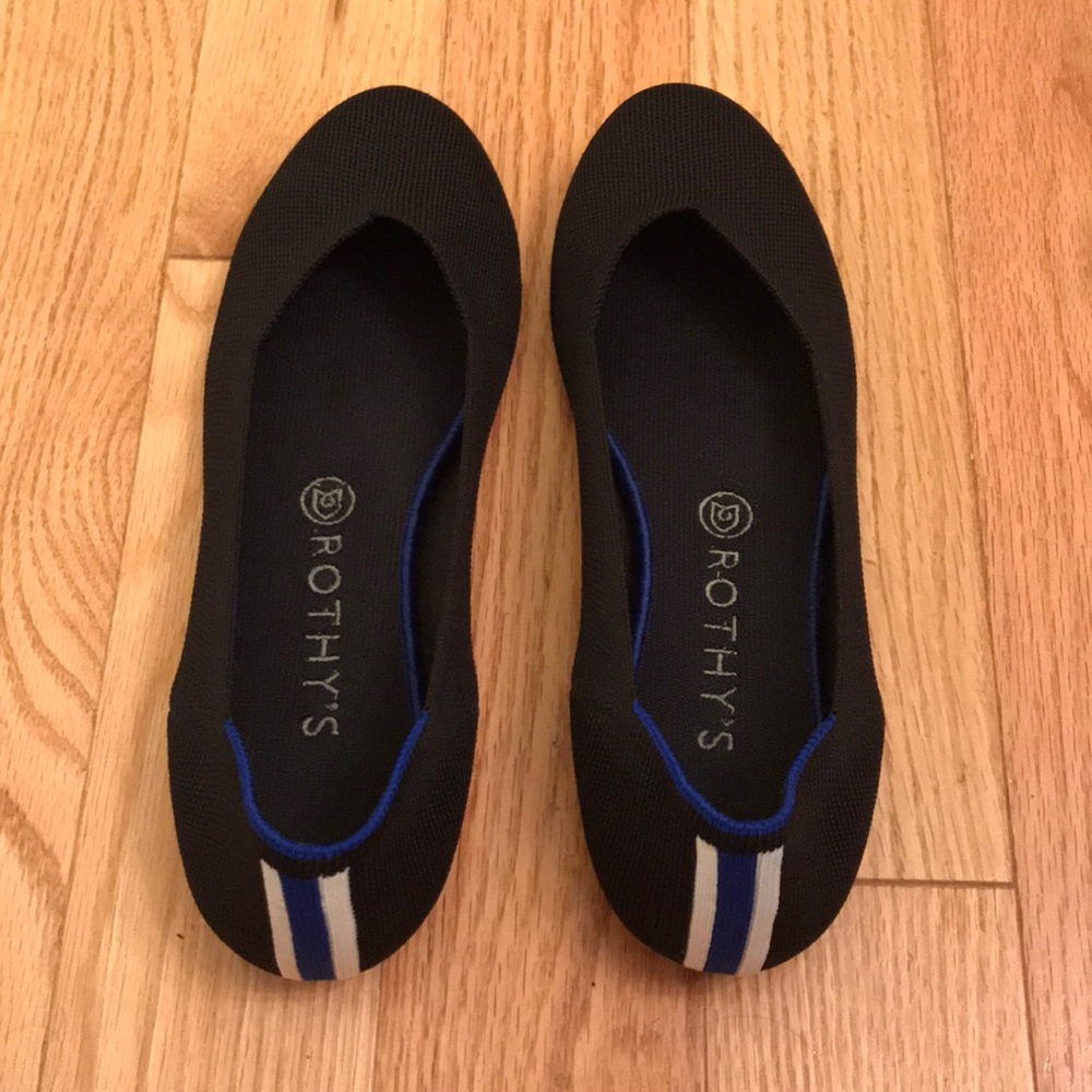 Rothy’s “The Flat,” Black w/ Blue Racing Stripe